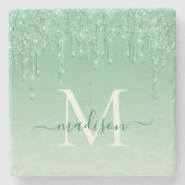 Elegante Glitter Drips Mint Green Monogram Script Stenen Onderzetter (Voorkant)