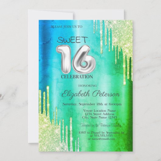 Elegante glitter druipt groen zoet 16 kaart (Voorkant)