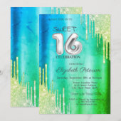 Elegante glitter druipt groen zoet 16 kaart (Voorkant / Achterkant)