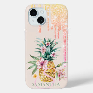 Elegante Glitter Druppels Bloemig Ananas iPhone 15 Case