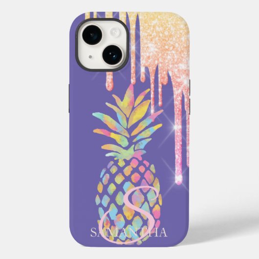 Elegante Glitter Druppels Kleurrijke Ananas Paars Case-Mate iPhone Case (Achterkant)