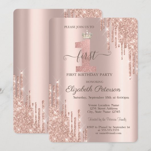 Elegante glitter druppels Tiara Roos Gold 1e verja Kaart (Voorkant / Achterkant)