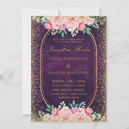 Elegante glitter Floral Gold Paarse Nuestra Boda Kaart (Voorkant)