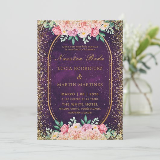 Elegante glitter Floral Gold Paarse Nuestra Boda Kaart (Staand voorkant)