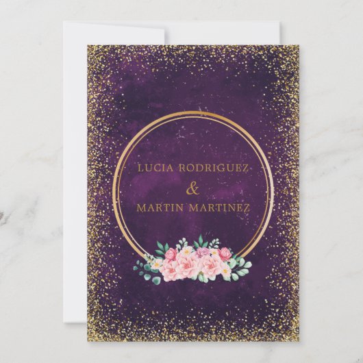 Elegante glitter Floral Gold Paarse Nuestra Boda Kaart (Achterkant)