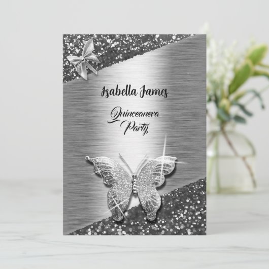 elegante glitter folie sparkle chique zilveren vli kaart (Staand voorkant)