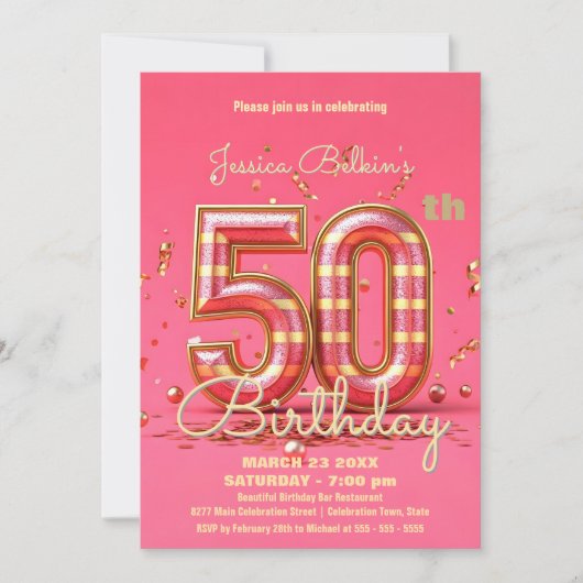 Elegante Glitter Gestreepte Roze & Goud 50ste Verj Kaart (Voorkant)