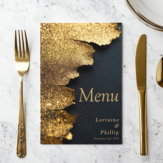 Elegante glitter Goud en Zwart bruiloft Menu Kaart