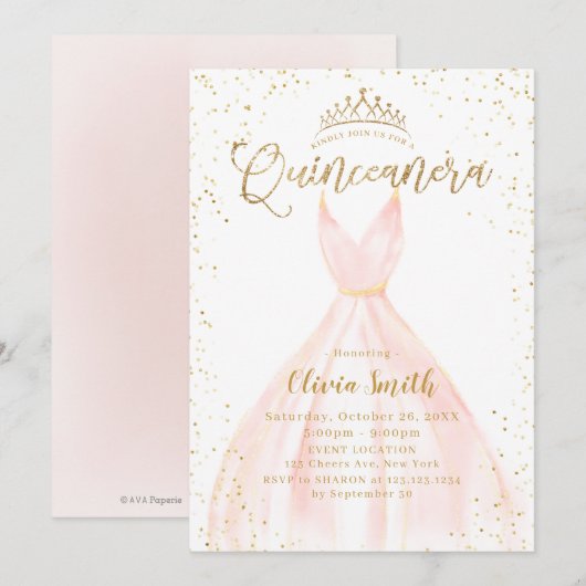 Elegante glitter goud & roze Assepoester Quinceañe Kaart (Voorkant / Achterkant)