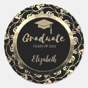 Elegante Glitter Gouden Afstudeerhoed, Bloemen Ronde Sticker