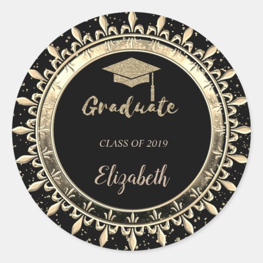 Elegante Glitter Gouden Afstudeerhoed,Confetti Ronde Sticker (Voorkant)