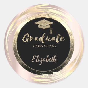 Elegante Glitter Gouden Afstudeerhoed, Zwart, Rose Ronde Sticker