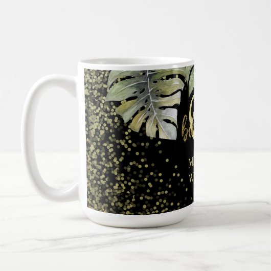 Elegante Glitter Gouden Palm Kalligrafie Verjaarda Koffiemok (Links)