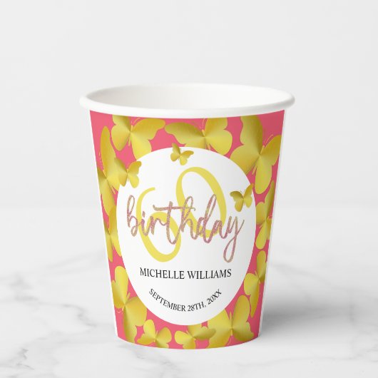 Elegante Glitter Gouden Vlinder Kalligrafie Papieren Bekers (Voorkant)