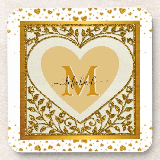 Elegante Glitter Hart Beginletter & Naam Bier Onderzetter (Voorkant)