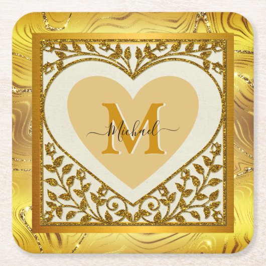 Elegante Glitter Hart Beginletter & Naam Kartonnen Onderzetters (Voorkant)