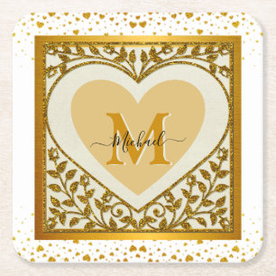 Elegante Glitter Hart Beginletter & Naam Kartonnen Onderzetters