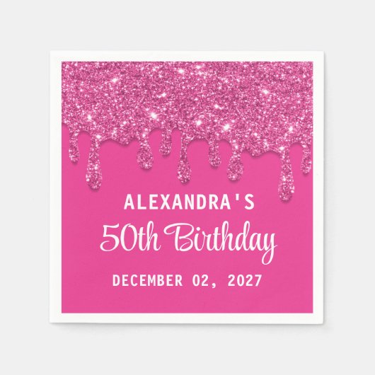 Elegante Glitter Hot Pink Drips 50ste verjaardag Servet (Voorkant)
