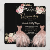 Elegante Glitter Jurk Bloemen Zwart Quinceanera Kaart (Voorkant / Achterkant)