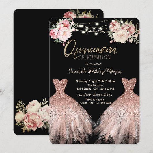 Elegante Glitter Jurk Bloemen Zwart Quinceanera Kaart (Voorkant / Achterkant)
