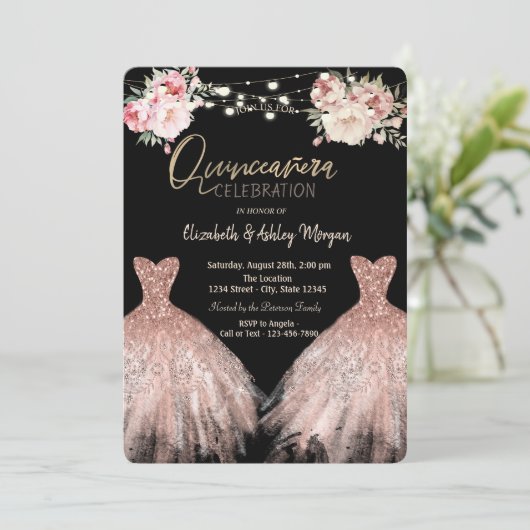 Elegante Glitter Jurk Bloemen Zwart Quinceanera Kaart (Staand voorkant)