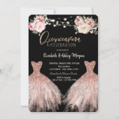 Elegante Glitter Jurk Bloemen Zwart Quinceanera Kaart (Voorkant)