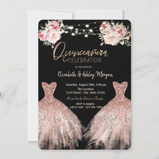 Elegante Glitter Jurk Bloemen Zwart Quinceanera Kaart (Voorkant)