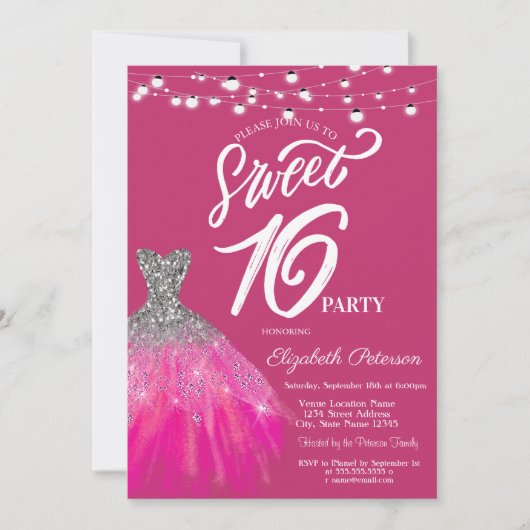 Elegante Glitter Jurk String Lights Sweet 16 Kaart (Voorkant)