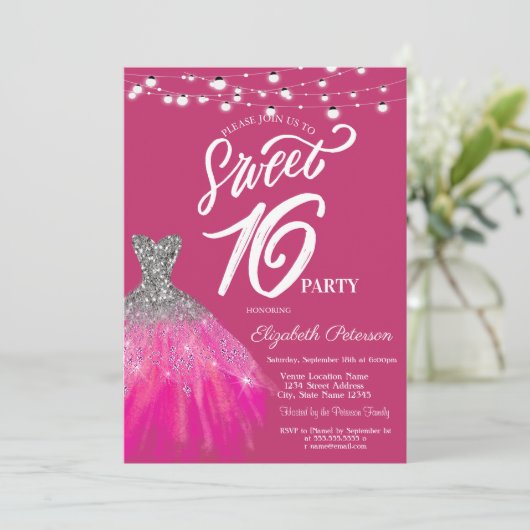 Elegante Glitter Jurk String Lights Sweet 16 Kaart (Staand voorkant)