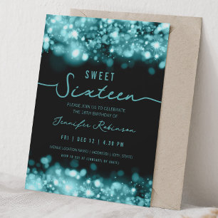 Elegante Glitter Lichtjes Sweet Sixteen Turquoise  Kaart