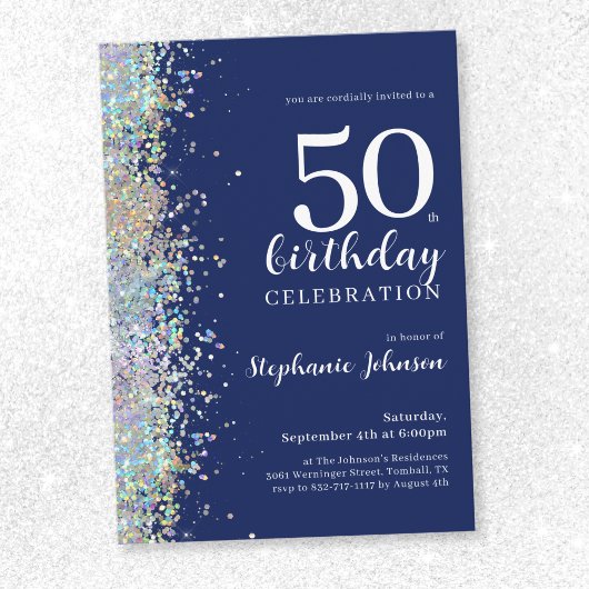 Elegante Glitter Navy 50e verjaardag Kaart