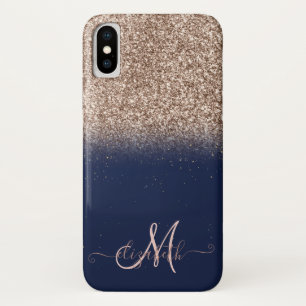 Elegante Glitter Ombre Roze Goud Monogram Navy Bla Case-Mate iPhone Case