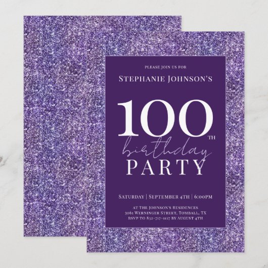 Elegante Glitter Paarse 100ste verjaardagsfeest Kaart (Voorkant / Achterkant)