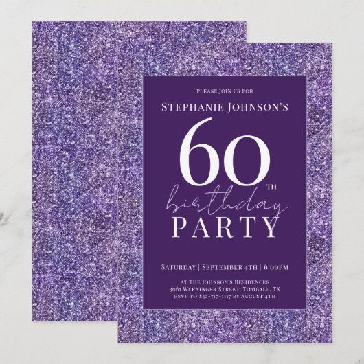 Elegante Glitter Paarse 60ste verjaardagsfeest Kaart (Voorkant / Achterkant)