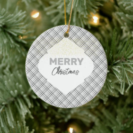 Elegante Glitter Prettig Kerstmis Geruit Grijs Wit Keramisch Ornament