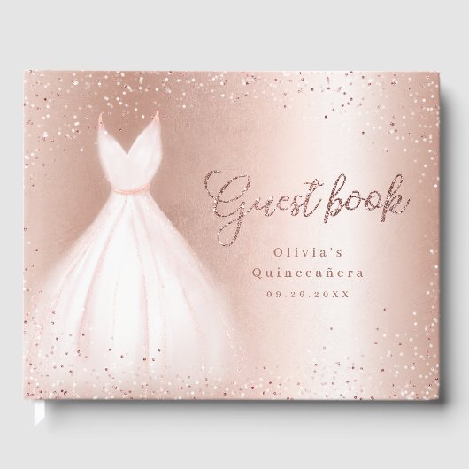 Elegante glitter roos gouden roze jurk quinceañera gastenboek (Voorkant)