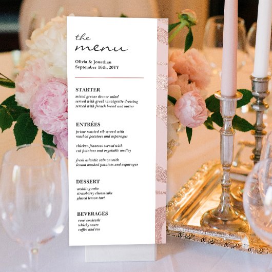Elegante Glitter RoseGold Trouwtafel Menu Kaart