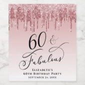 Elegante Glitter Roze 60ste Verjaardagsfeestje Wijn Etiket (Enkel label)