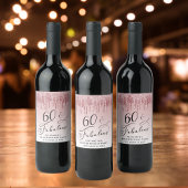 Elegante Glitter Roze 60ste Verjaardagsfeestje Wijn Etiket