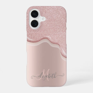 Elegante Glitter Roze Gouden Drips Monogram iPhone 16 Hoesje