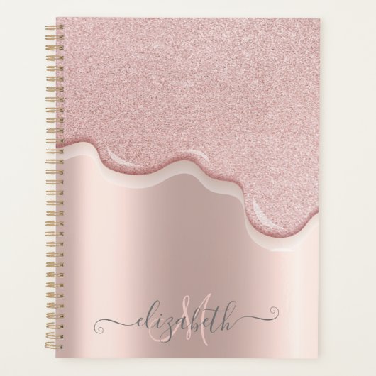 Elegante Glitter Roze Gouden Drips Monogram Planner (Voorkant)