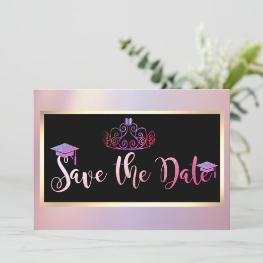 Elegante glitter, tiara afstudeerdata opslaan save the date (Staand voorkant)