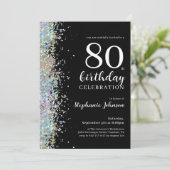 Elegante Glitter Zwart 80ste Verjaardagsfeestje Kaart (Staand voorkant)