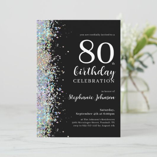 Elegante Glitter Zwart 80ste Verjaardagsfeestje Kaart (Staand voorkant)