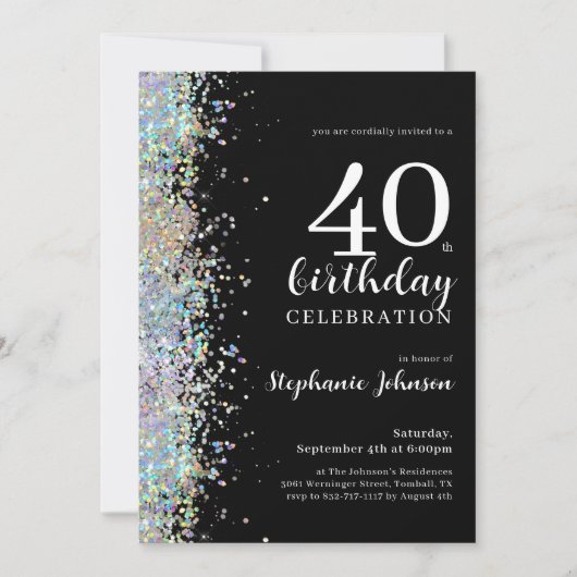 Elegante glitter zwarte 40ste verjaardagsfeestje kaart (Voorkant)