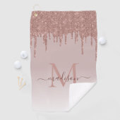 Elegante Glitterdruppels Rose Goud Monogram Script Golfhanddoek (Insitu)