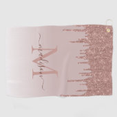 Elegante Glitterdruppels Rose Goud Monogram Script Golfhanddoek (Horizontaal)