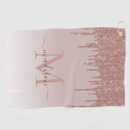Elegante Glitterdruppels Rose Goud Monogram Script Golfhanddoek (Horizontaal)