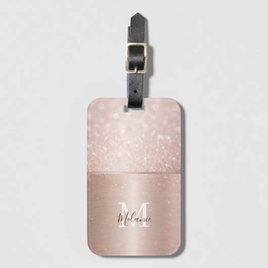 Elegante glitterij roos goudmetaal glam monogram bagagelabel (Voorkant (verticaal))