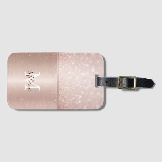 Elegante glitterij roos goudmetaal glam monogram bagagelabel (Voorkant (horizontaal))